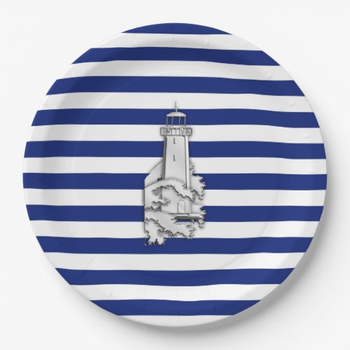 Chrome Like Lighthouse on Nautical Stripes Paper Plates