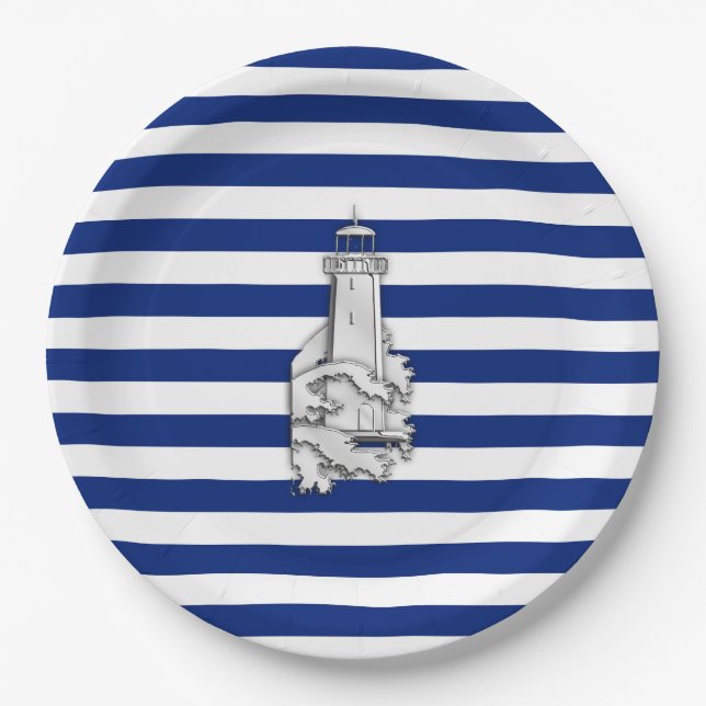Chrome Like Lighthouse on Nautical Stripes Paper Plates (Front)