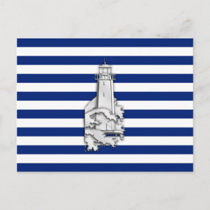 Chrome Like Lighthouse on Nautical Stripes Postcard