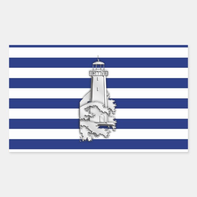 Chrome Like Lighthouse on Nautical Stripes Rectangular Sticker (Front)