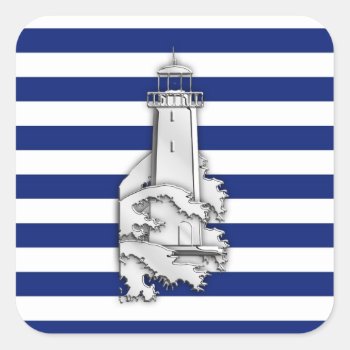 Chrome Like Lighthouse On Nautical Stripes Square Sticker by CaptainShoppe at Zazzle