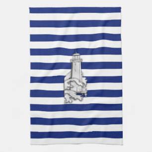 Chrome Like Lighthouse on Nautical Stripes Towel