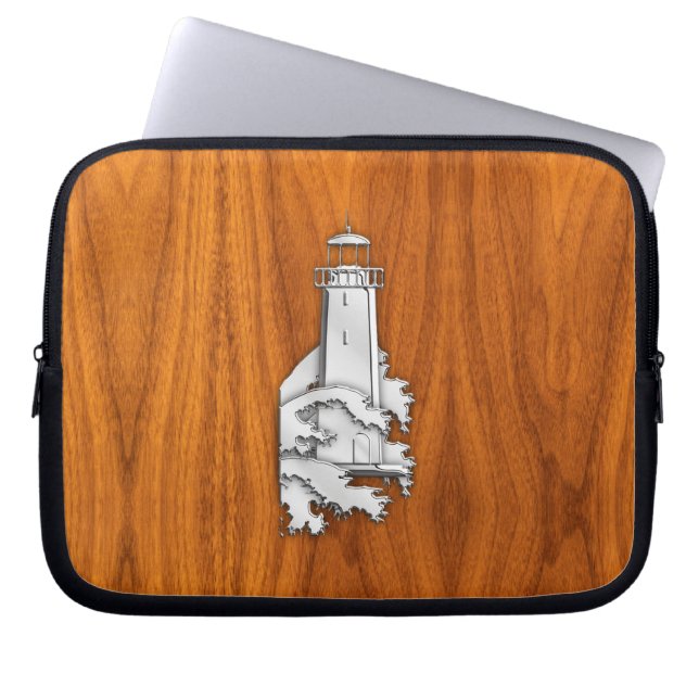 Chrome Like Lighthouse on Teak Wood Laptop Sleeve (Front)
