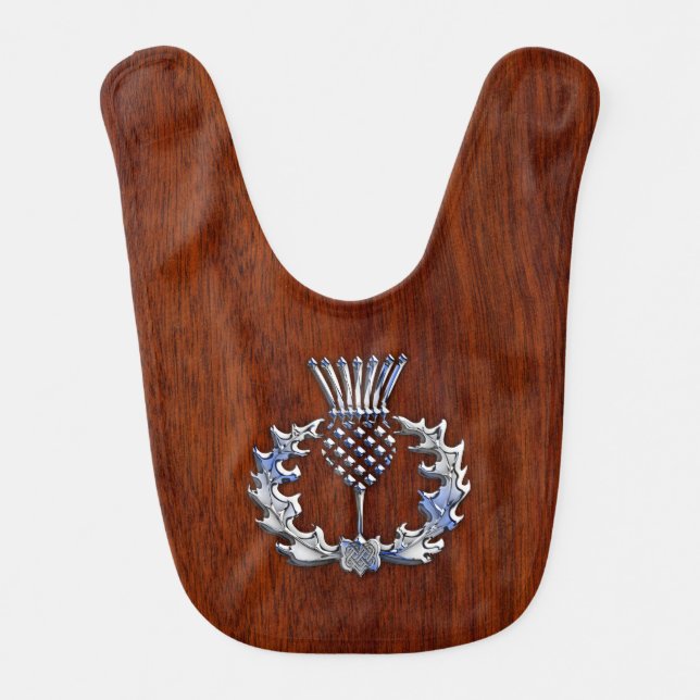 Chrome Like Mahogany Wood Grain Scottish Thistle Baby Bib (Front)