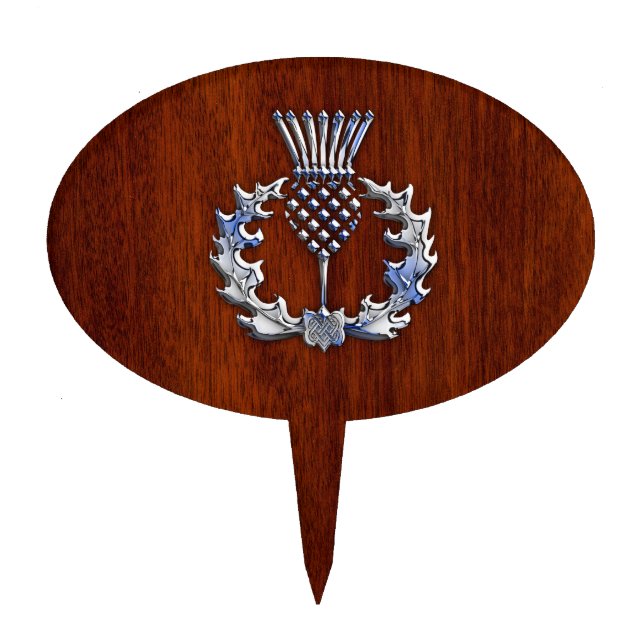 Chrome Like Mahogany Wood Grain Scottish Thistle Cake Topper (Front)