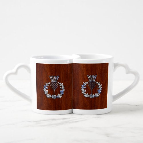 Chrome Like Mahogany Wood Grain Scottish Thistle Coffee Mug Set