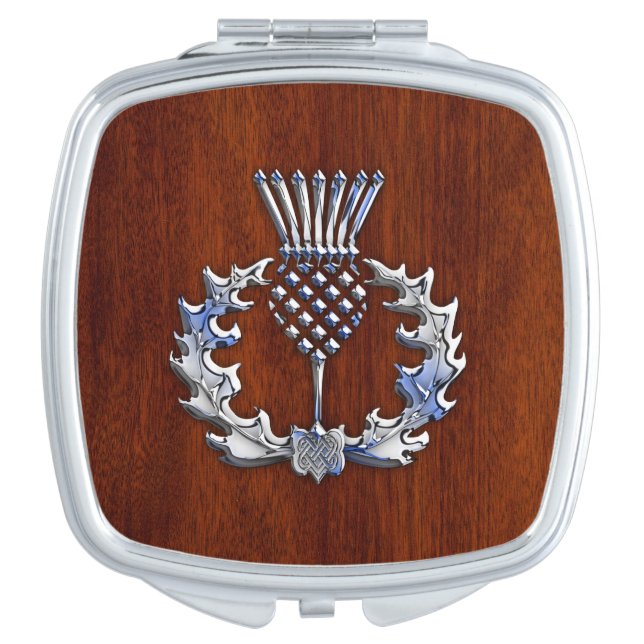 Chrome Like Mahogany Wood Grain Scottish Thistle Compact Mirror (Front)