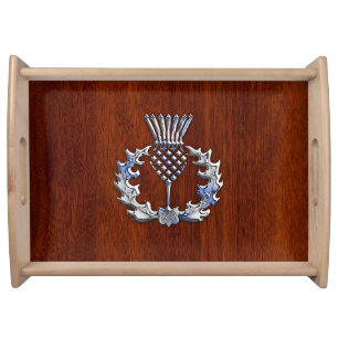Chrome Like Mahogany Wood Grain Scottish Thistle Serving Tray