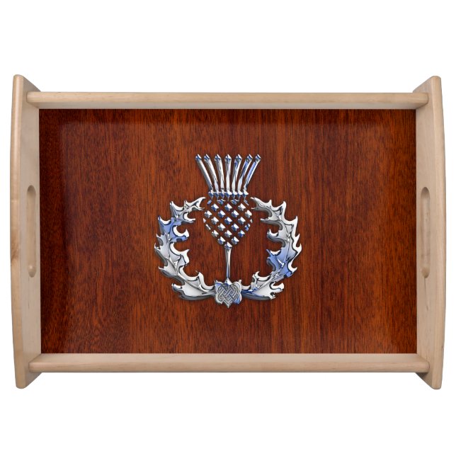 Chrome Like Mahogany Wood Grain Scottish Thistle Serving Tray (Front)