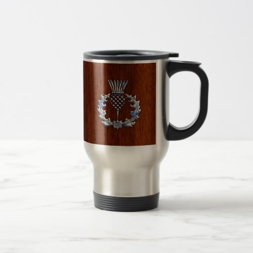 Chrome Like Mahogany Wood Grain Scottish Thistle Travel Mug