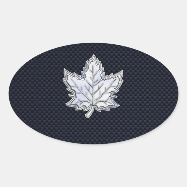 Chrome Like Maple Leaf Carbon Fiber Print Oval Sticker (Front)