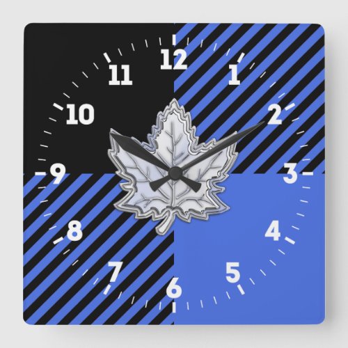 Chrome Like Maple Leaf on Blue Buffalo Check on a Square Wall Clock