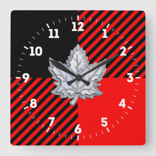 Chrome Like Maple Leaf on Buffalo Check on a Square Wall Clock