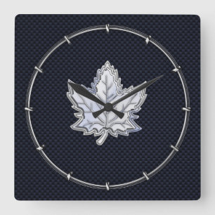 Chrome Like Maple Leaf on Carbon Fiber black Square Wall Clock