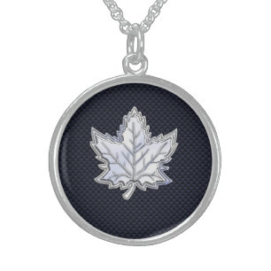 Chrome Like Maple Leaf on Carbon Fiber black Sterling Silver Necklace
