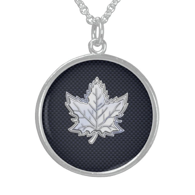 Chrome Like Maple Leaf on Carbon Fiber black Sterling Silver Necklace (Front)