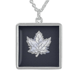 Chrome Like Maple Leaf on Carbon Fiber black Sterling Silver Necklace