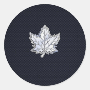 Chrome Like Maple Leaf on Carbon Fiber Print Classic Round Sticker