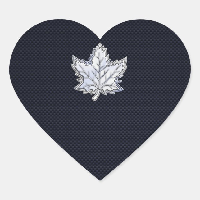 Chrome Like Maple Leaf on Carbon Fiber Print Heart Sticker (Front)