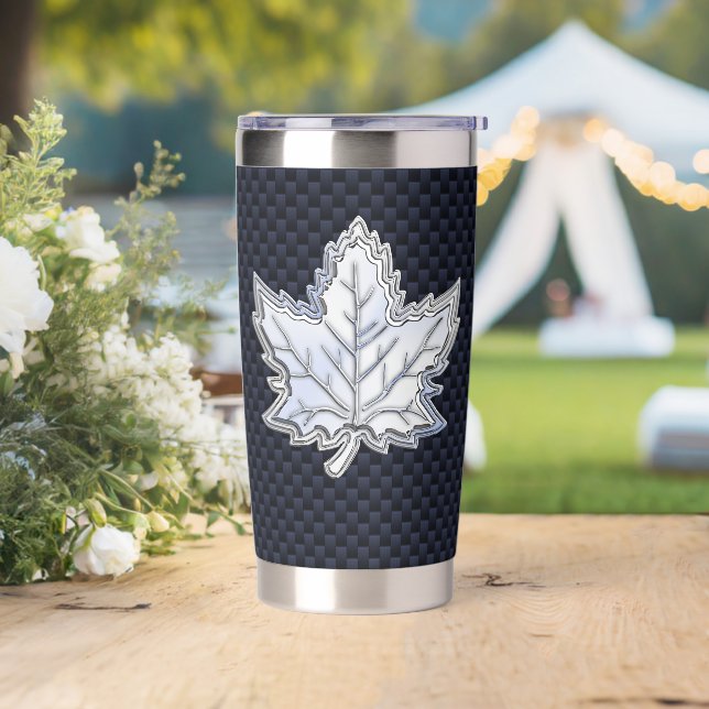 Chrome Like Maple Leaf on Carbon Fiber Print Insulated Tumbler (Wedding)