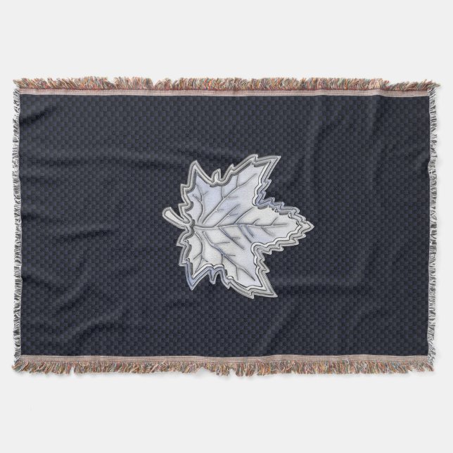 Chrome Like Maple Leaf on Carbon Fiber Print Throw Blanket (Front)
