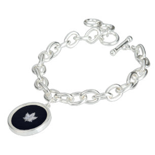Chrome Like Maple Leaf on Carbon Fiber style Charm Bracelet