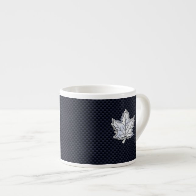 Chrome Like Maple Leaf on Carbon Fiber style Espresso Cup (Front Right)