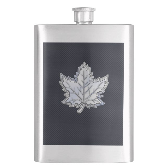Chrome Like Maple Leaf on Carbon Fiber style Hip Flask (Front)