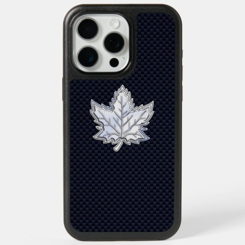 Chrome Like Maple Leaf on racy Carbon Fiber Print iPhone 15 Pro Max Case