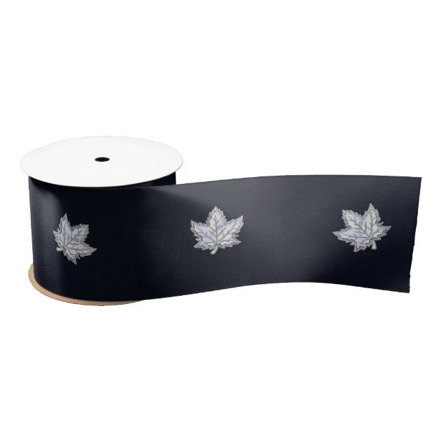 Chrome Like Maple Leaf on racy Carbon Fiber Print Satin Ribbon (Spool)
