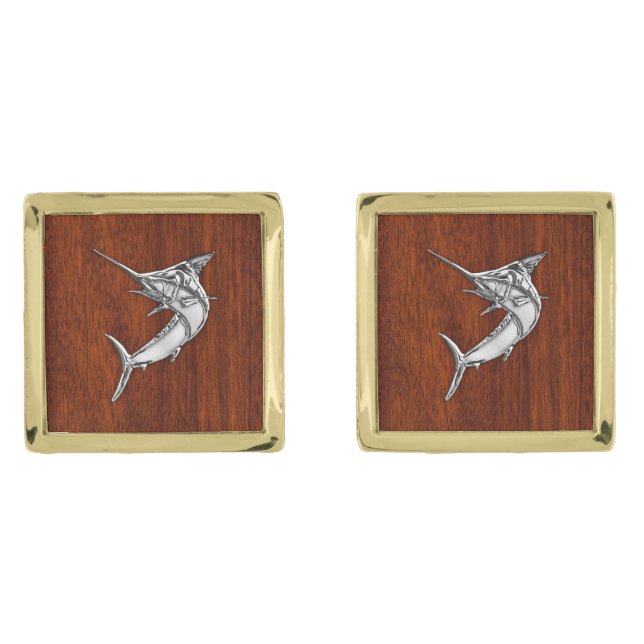 Chrome Like Marlin Nautical on Mahogany Print Gold Cufflinks (Front)