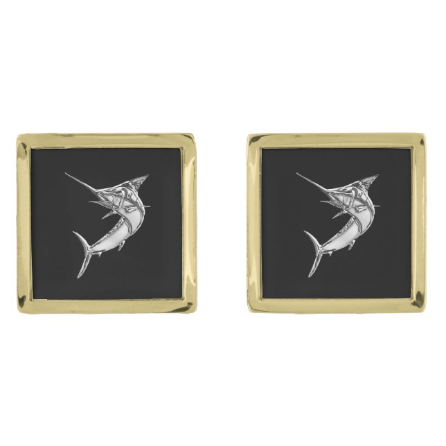 Chrome Like Marlin Nautical on Mahogany Print Gold Cufflinks (Front)