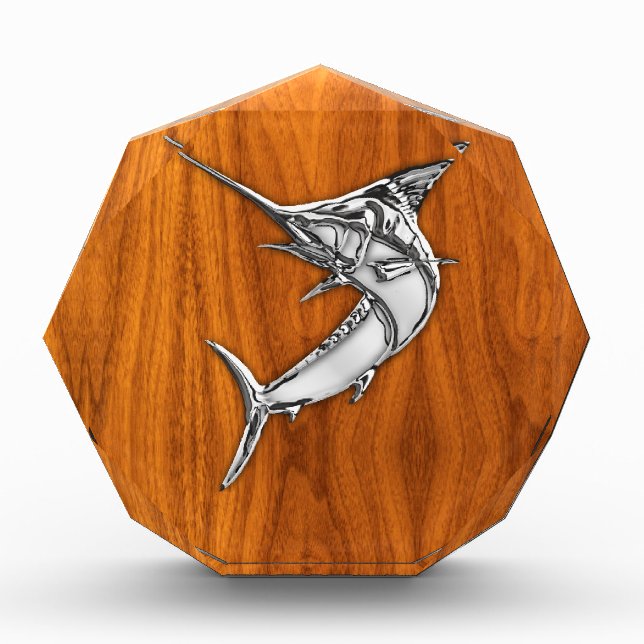 Chrome Like Marlin on Teak Wood Grain Decor Award (Front)