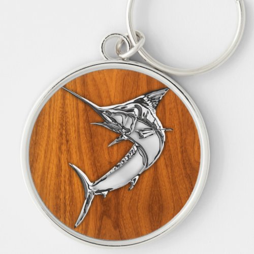 Chrome Like Marlin on Teak Wood Grain Decor Keychain