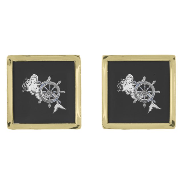 Chrome Like Mermaid Nautical on Black Print Cufflinks (Front)