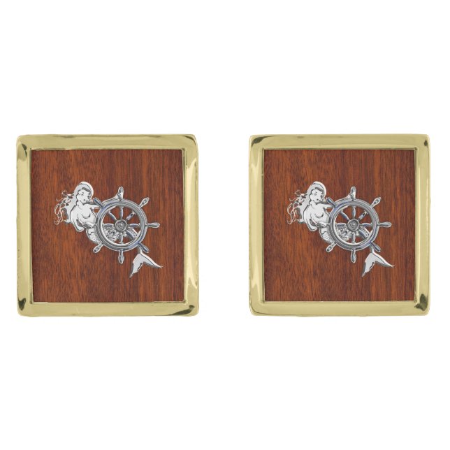 Chrome Like Mermaid Nautical on Mahogany Print Gold Cufflinks (Front)