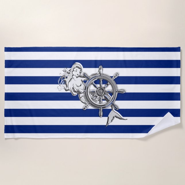 Chrome Like Mermaid on Nautical Stripes Beach Towel (Front)