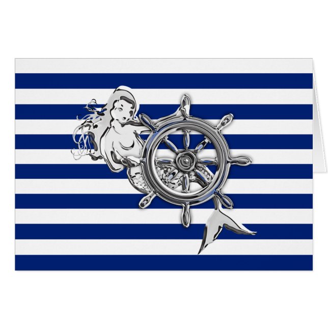 Chrome Like Mermaid on Nautical Stripes Cards (Front Horizontal)