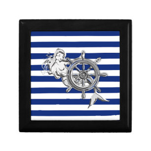Chrome Like Mermaid on Nautical Stripes Jewelry Box