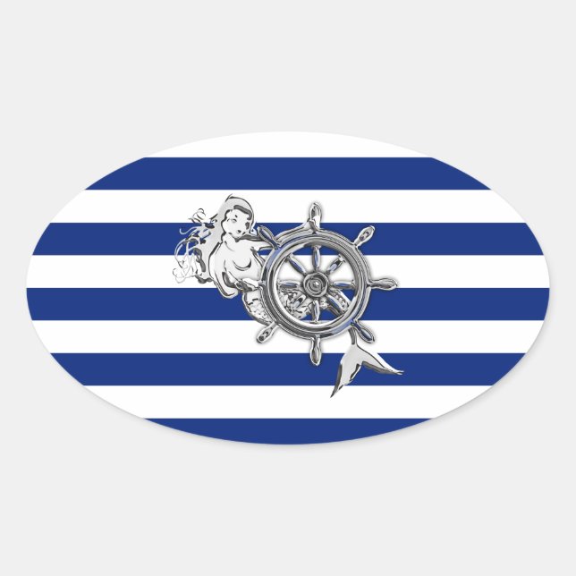 Chrome Like Mermaid on Nautical Stripes Oval Sticker (Front)