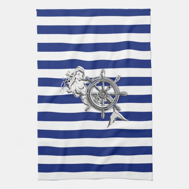 Chrome Like Mermaid on Nautical Stripes Towel (Vertical)