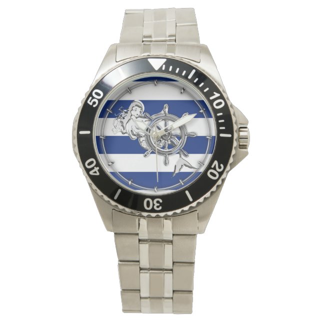 Chrome Like Mermaid on Nautical Stripes Watch (Front)