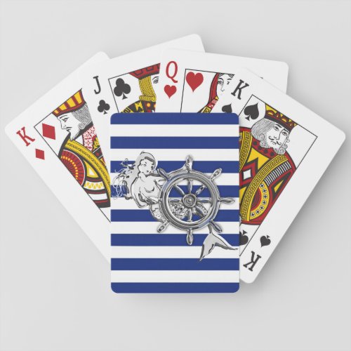 Chrome Like Mermaid on Navy Stripes Poker Cards