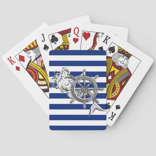 Chrome Like Mermaid on Navy Stripes Poker Cards (Back)