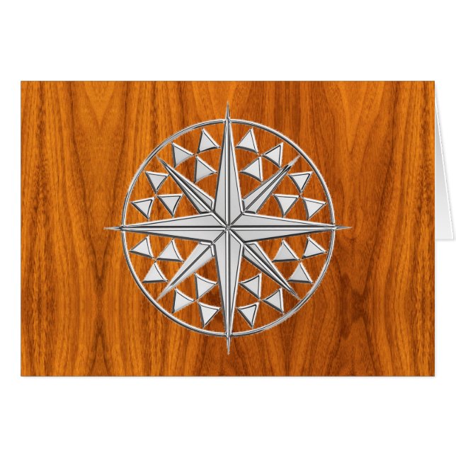 Chrome Like Nautical Compass Star on Teak Veneer (Front Horizontal)