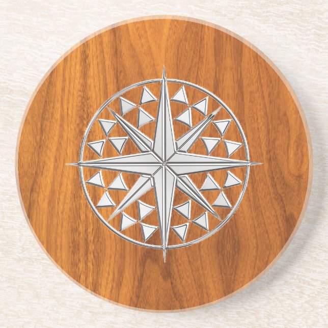 Chrome Like Nautical Compass Star on Teak Veneer Drink Coaster (Front)