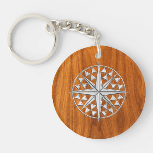 Chrome Like Nautical Compass Star on Teak Veneer Keychain