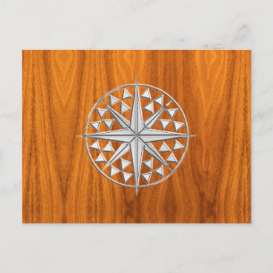 Chrome Like Nautical Compass Star on Teak Veneer Postcard