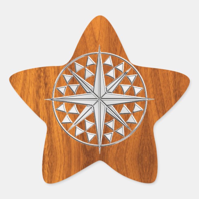 Chrome Like Nautical Compass Star on Teak Veneer Sticker (Front)
