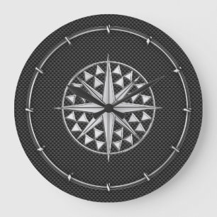 Chrome Like Nautical Star Compass on Carbon Fiber Large Clock